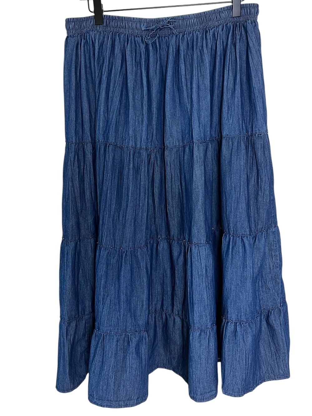 Chambray Tiered Midi Skirt Pull On Elastic Waistband Prairie Western Boho